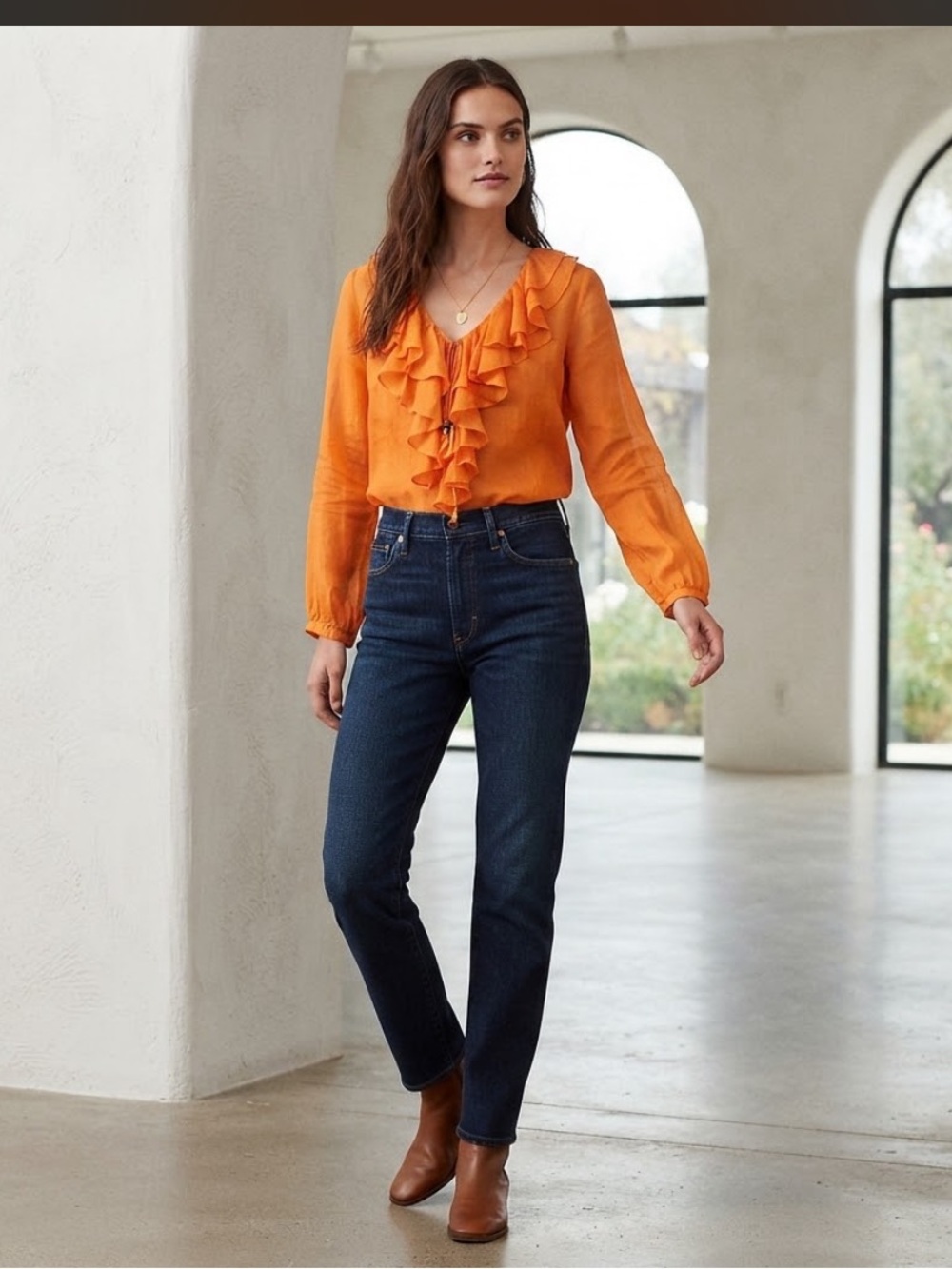 Lauren Ralph Lauren Women's Orange 100% Cotton Ruffle Blouse Top Size M
